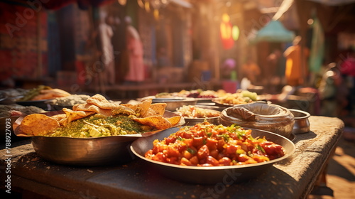 Indian food in the market. AI Generative.