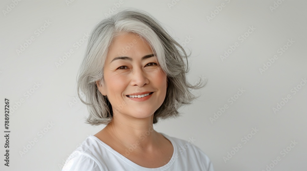 Fototapeta premium A beautiful mature Asian woman with silver hair and a white t-shirt smiles at the camera.
