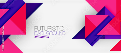 Futuristic design with pink and purple triangles on a white background, featuring a mix of violet, magenta, and electric blue hues. The pattern is geometric and sleek, with a modern font