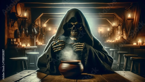 A skeleton in a black cloak is sitting at a table in a dark tavern, stirring a pot of soup.