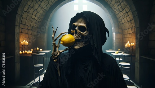 A skeleton in a black robe is eating a lemon in a dark, candlelit room.