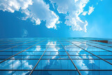 A modern skyscraper with blue glass windows reflecting the clear sky and fluffy white clouds, symbolizing innovation in corporate architecture. Created with Ai
