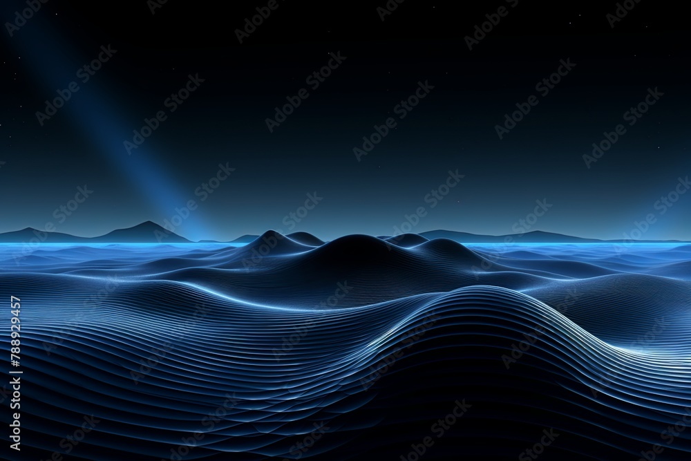 Illusionistic Digital Wave: Serene Horizon
Description: An mesmerizing digital wave pattern set against a black background, creating the illusion of a serene horizon with a stunning blue sky. 