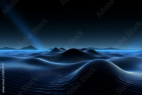 Illusionistic Digital Wave  Serene Horizon Description  An mesmerizing digital wave pattern set against a black background  creating the illusion of a serene horizon with a stunning blue sky. 