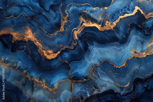 A dark blue and gold marble pattern with flowing lines of rich, shimmering metallic hues. Created with Ai