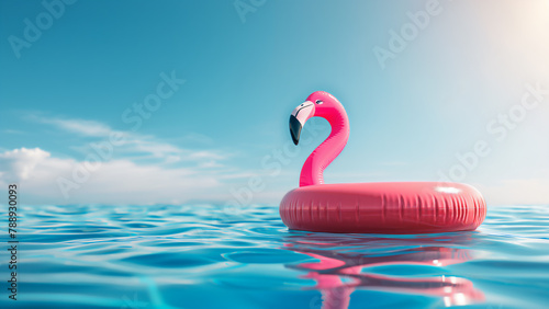 Aufblasbarer rosa Flamingo Schwimmring auf blauem Wasser und klarem Himmel im Hintergrund, Konzept für Sommer und Urlaub