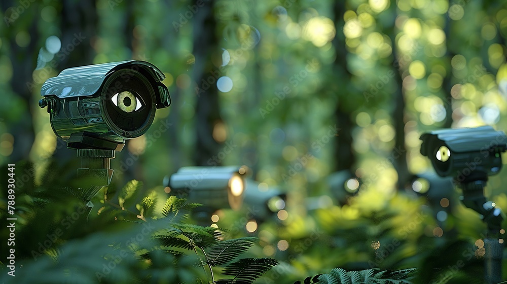 custom made wallpaper toronto digitalAn artistic interpretation of CCTV cameras as watching eyes in a forest, symbolizing nature under surveillance , close up