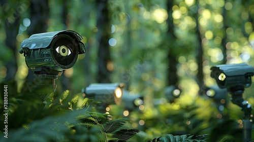 Wallpaper Mural An artistic interpretation of CCTV cameras as watching eyes in a forest, symbolizing nature under surveillance , close up Torontodigital.ca