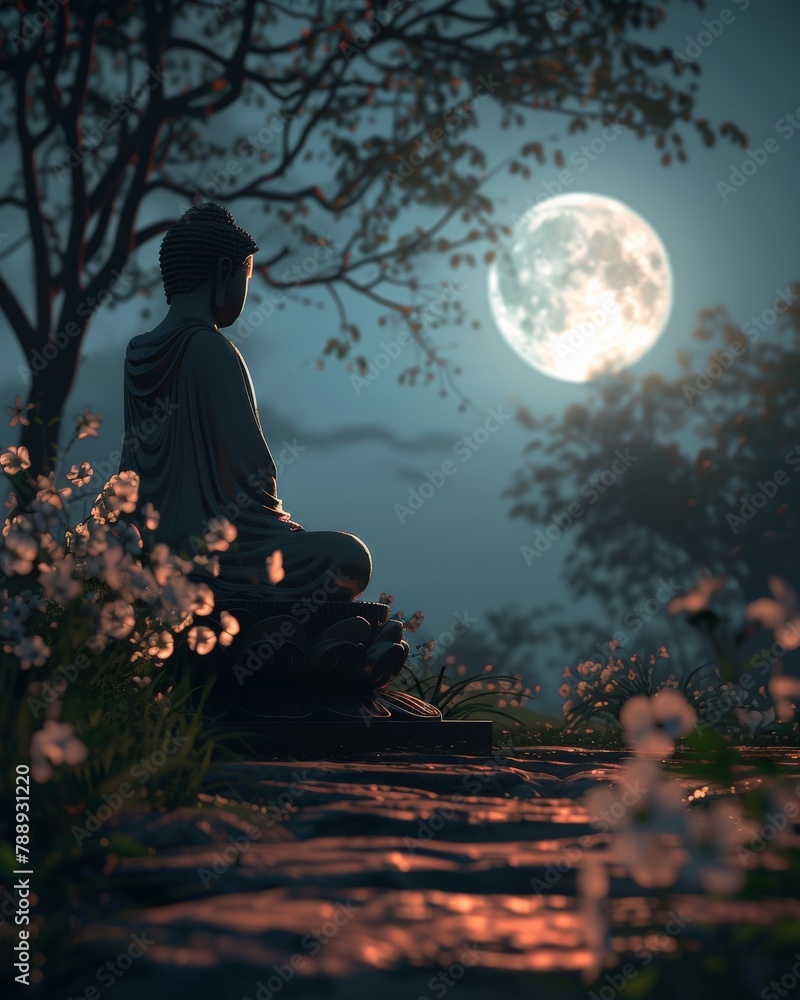 Moonlight Meditation with Buddha Statue