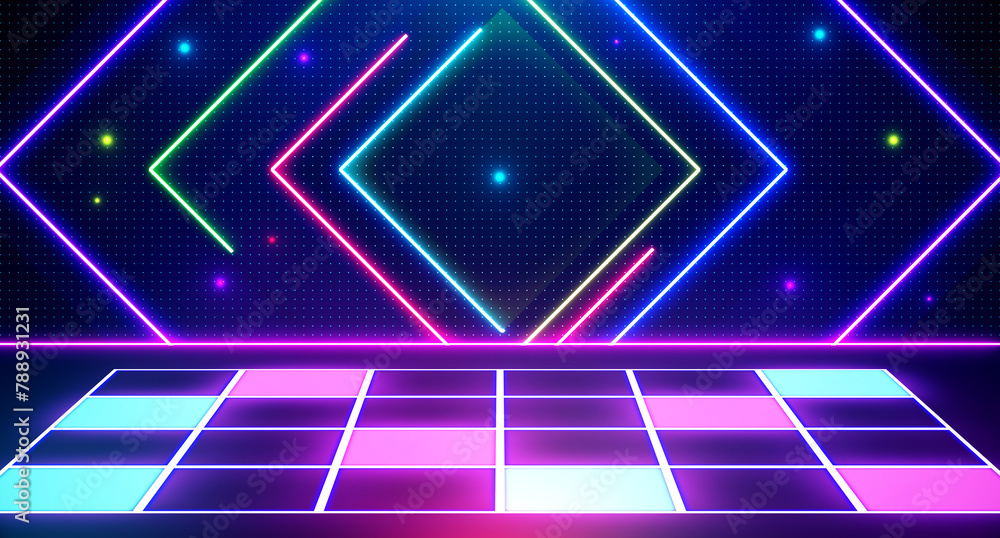 Retro 80s-90s Sci-Fi background futuristic grid landscape neon. Digital Cyber Surface. Suitable for design in the style of the 1980`s. 3D illustration