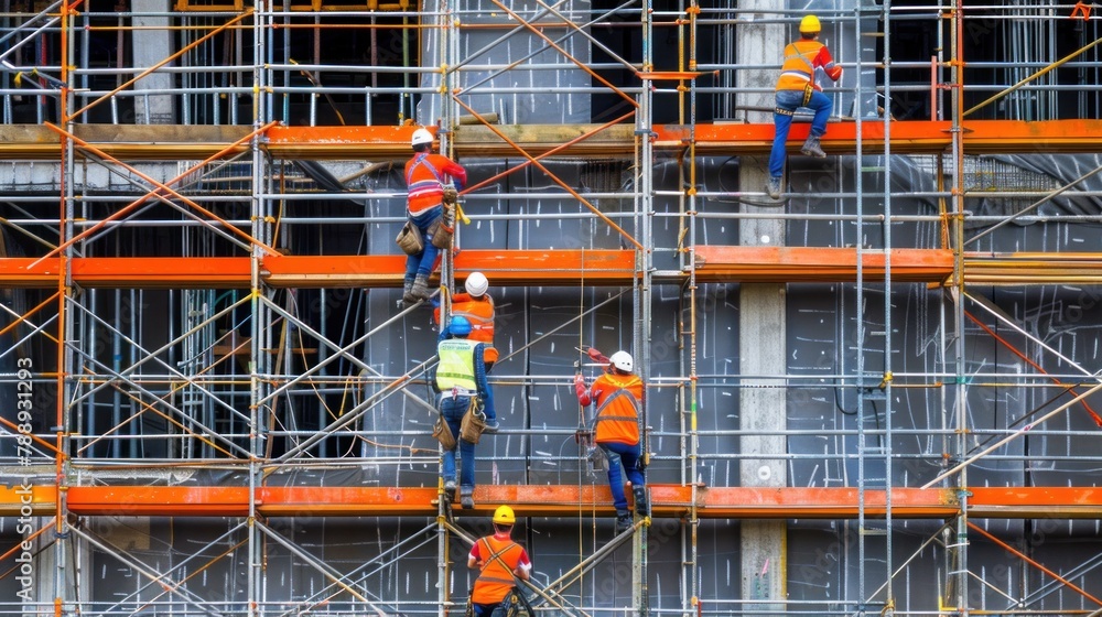 Construction workers assemble scaffolding on the job site.