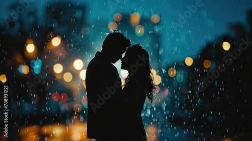 Two shadows dancing in the rain with blurred city lights in the background It's a symbol of love. photo