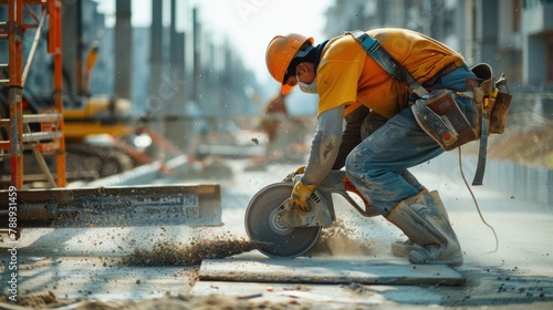 Sunny day, construction workers use concrete saws to cut concrete at construction site.
