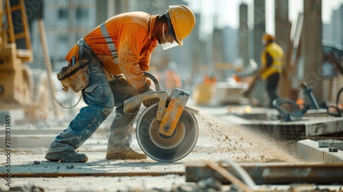 Sunny day, construction workers use concrete saws to cut concrete at construction site.