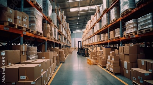 A Warehouse with rows of shelves and boxes. Logistics. Inventory control.