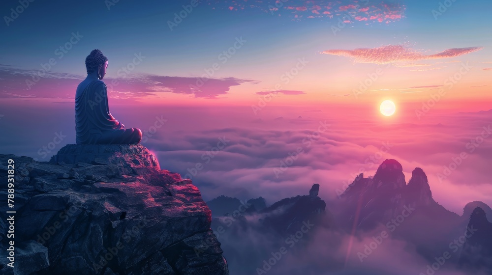 Buddha Contemplating Sunrise Above the Clouds
