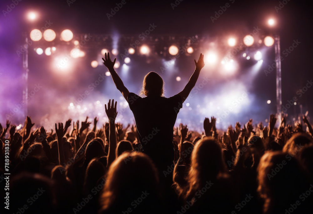 Fototapeta premium stage front their crowd raised People festival standing hands A lights on large concert audience light party event fan music nightlife night show pop performance live