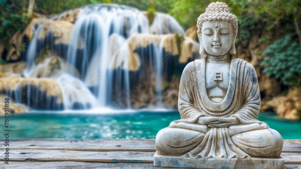 Buddha Statue by Waterfall in Lush Setting Buddha Statue by Waterfall in Lush Setting