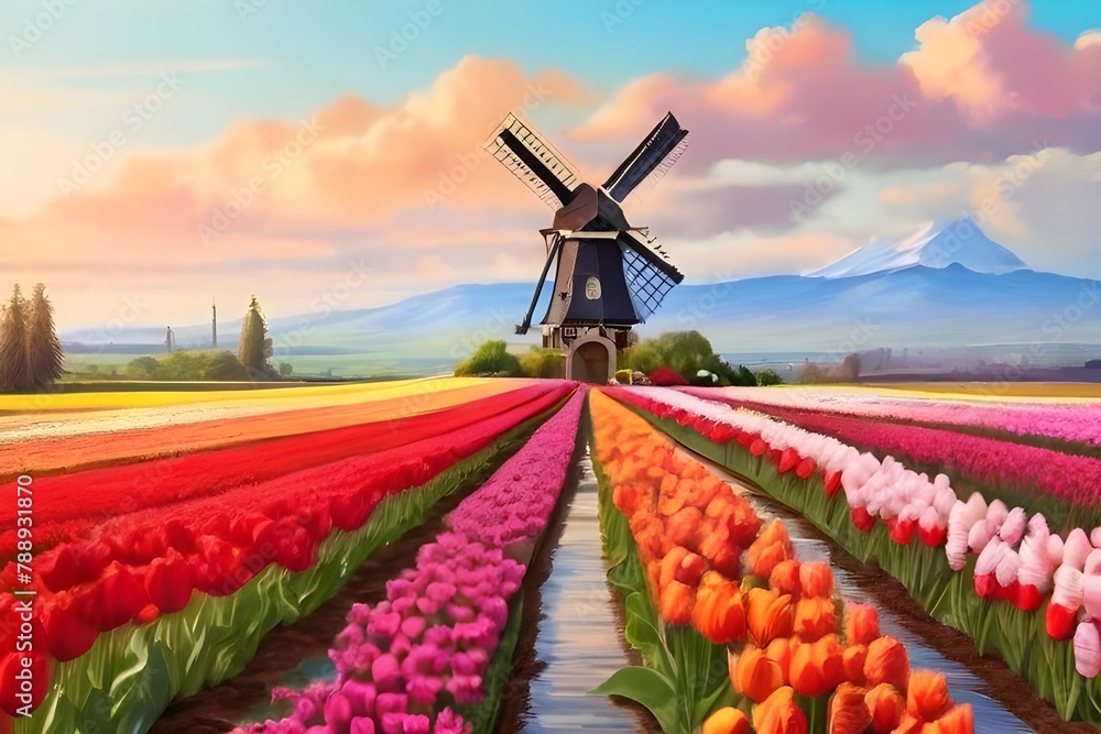A charming wooden windmill surrounded by tulip fields, with the vibrant flowers creating a picturesque and iconic springtime scene Generative AI