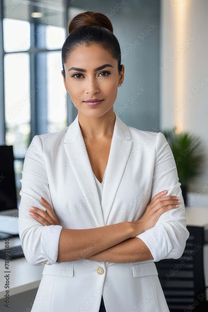 Confident professional young latin business woman company employee, lady executive manager, female worker or entrepreneur looking at camera standing arms crossed in modern office, portrait. Confident professional young latin business woman company employee, lady executive manager, female worker or entrepreneur looking at camera standing arms crossed in modern office, portrait.