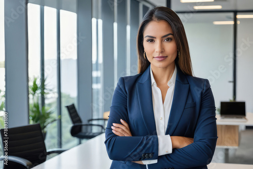 Confident professional young latin business woman company employee, lady executive manager, female worker or entrepreneur looking at camera standing arms crossed in modern office, portrait. Free Download Confident professional young latin business woman company employee, lady executive manager, female worker or entrepreneur looking at camera standing arms crossed in modern office, portrait. - GFXLoad