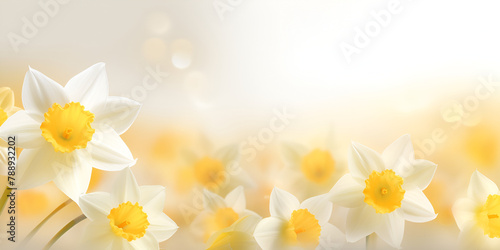 A photo of nature with white and yellow flowers blossom on a blured background
 photo