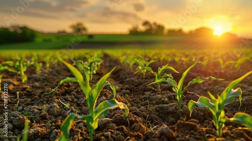 Corn field. Green field with baby corn at sunrise.