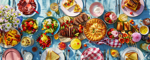A variety of summer picnic foods like grilled meats  salads  pies  cakes  and sandwiches