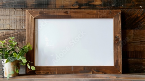 Rustic wooden picture frame with a blank white mat mockup .