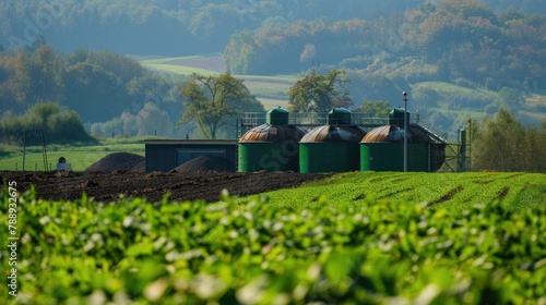 Biological to process cow manure as part of farms, silos, sustainable agriculture photo