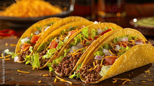 Indulge in some scrumptious ground beef tacos loaded with crisp romaine lettuce diced tomatoes and a generous sprinkling of shredded cheddar cheese