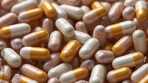 A close-up of capsules filled with swirling probiotics.