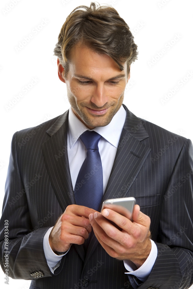 Businessman viewing a message on a mobile phone - transparent background - PNG file Businessman viewing a message on a mobile phone - transparent background - PNG file