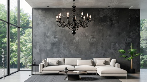 Black chandelier above sofa in contemporary black-toned living room