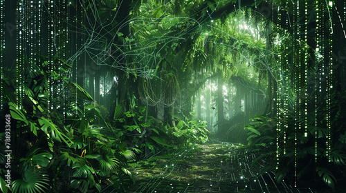 Cybernetic rainforest, with digital vines and foliage creating a lush landscape of information and connectivity.