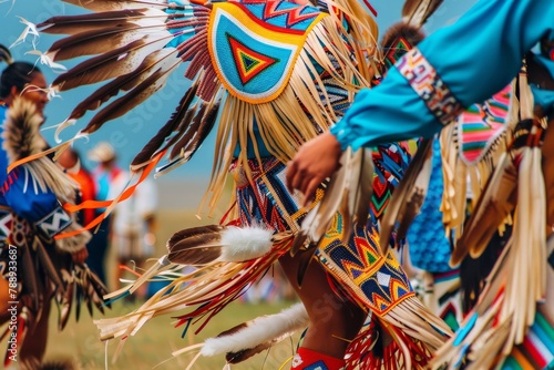 A group of Native American dancers performing a traditional powwow dance, adorned in colorful regalia adorned with feathers and beadwork, Generative AI