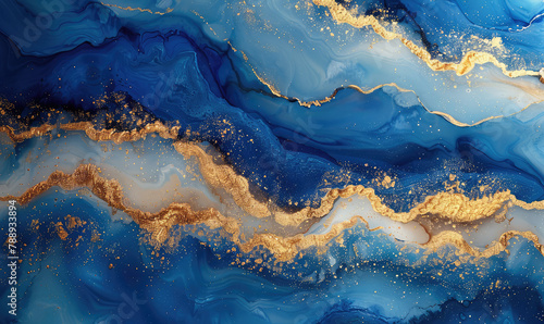 Abstract blue and gold fluid marble texture background with golden glittering elements, blue and white marble pattern with waves of swirling liquid paint and shiny golden accents. Created with Ai