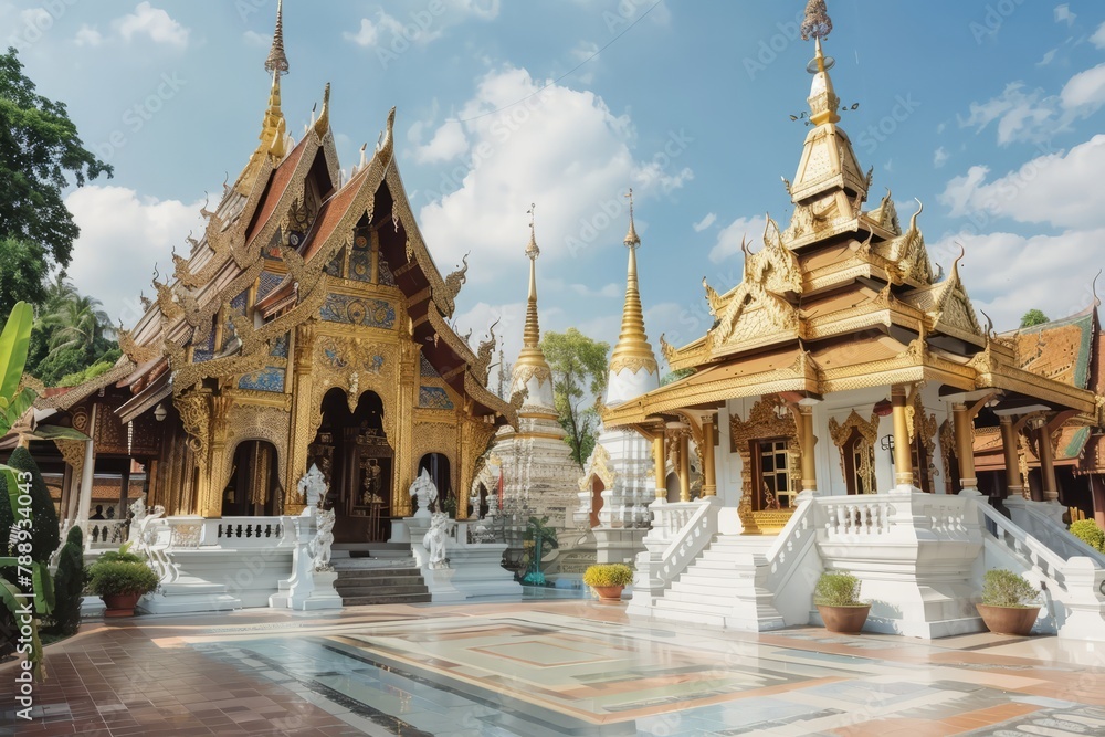 A serene Thai temple complex adorned with intricate golden spires and ornate carvings, radiating a sense of peace and spirituality, Generative AI A serene Thai temple complex adorned with intricate golden spires and ornate carvings, radiating a sense of peace and spirituality, Generative AI