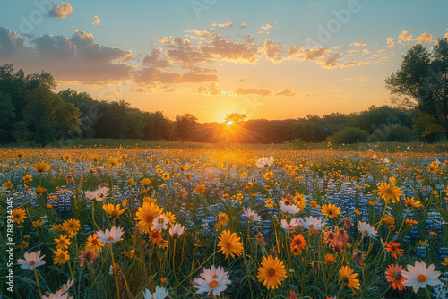 A beautiful field of wildflowers, with the sun setting in the background, casting long shadows over colorful petals like daisies and cosmos. Created with Ai