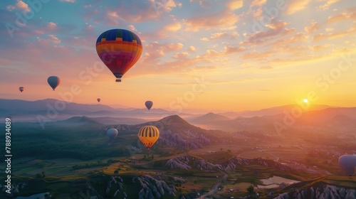 Colorful hot air balloons fly high above the mountains.