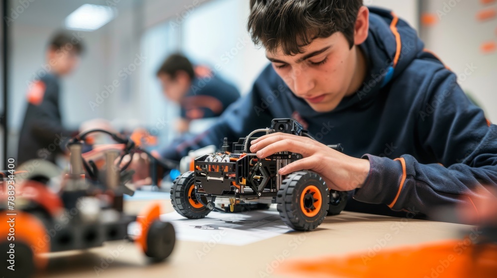 Fototapeta premium Focused adolescent building a complex LEGO robotics project during a hands-on engineering class