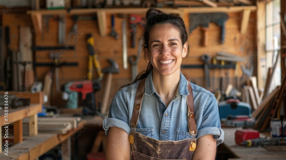 Obraz premium Cheerful female carpenter Confident in the workshop In the fully equipped carpentry workshop with various tools