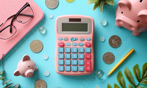 Note Pad, Piggy Bank, Calculator, Pen and Variegated Potted Plant on beautiful Bcakground
 photo