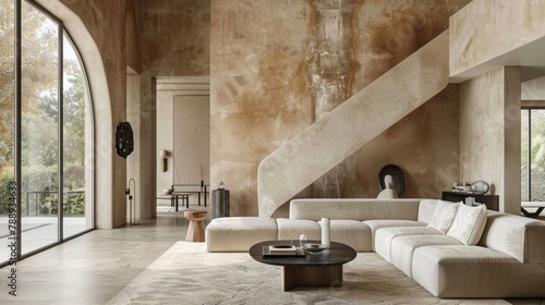 The rich caramel tones of the polished plaster walls draw inspiration from ancient palaces and grand manor houses. The warm hues add depth and character to the space while the glossy . photo
