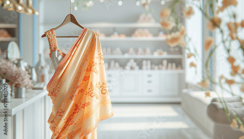 Saree Indian dress in white luxury boutique background. Indian attire in fashion store. Festive outfit. Beautiful Bollywood clothing. Stylish orange party dress. Handloom saree salon. Banner