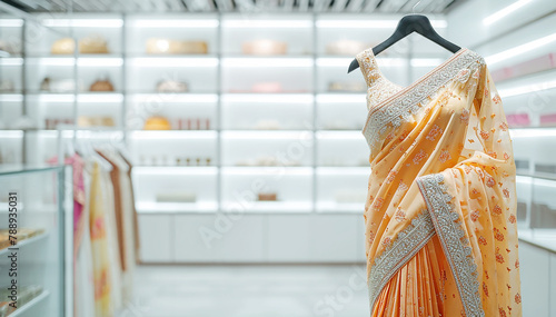 Saree Indian dress in white luxury boutique background. Indian attire in fashion store. Festive outfit. Beautiful Bollywood clothing. Stylish orange party dress. Handloom saree salon. Banner
