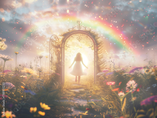 Into the Radiant Gateway: Girl Running Towards the Light Burst Amidst the Rainbow Garden