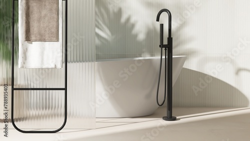Freestanding white ceramic bathtub, black floor shower head, tropical palm tree with reeded glass partition in sunlight for modern beauty, skincare, body care, toiletries product background 3D