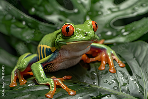 Close up of red eyed tree frog on leaf