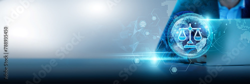 The legal technology network facilitates legal research, document management, and case analysis. Businessman using laptop connected to legal databases and AI-powered tools on the global LegalTech.